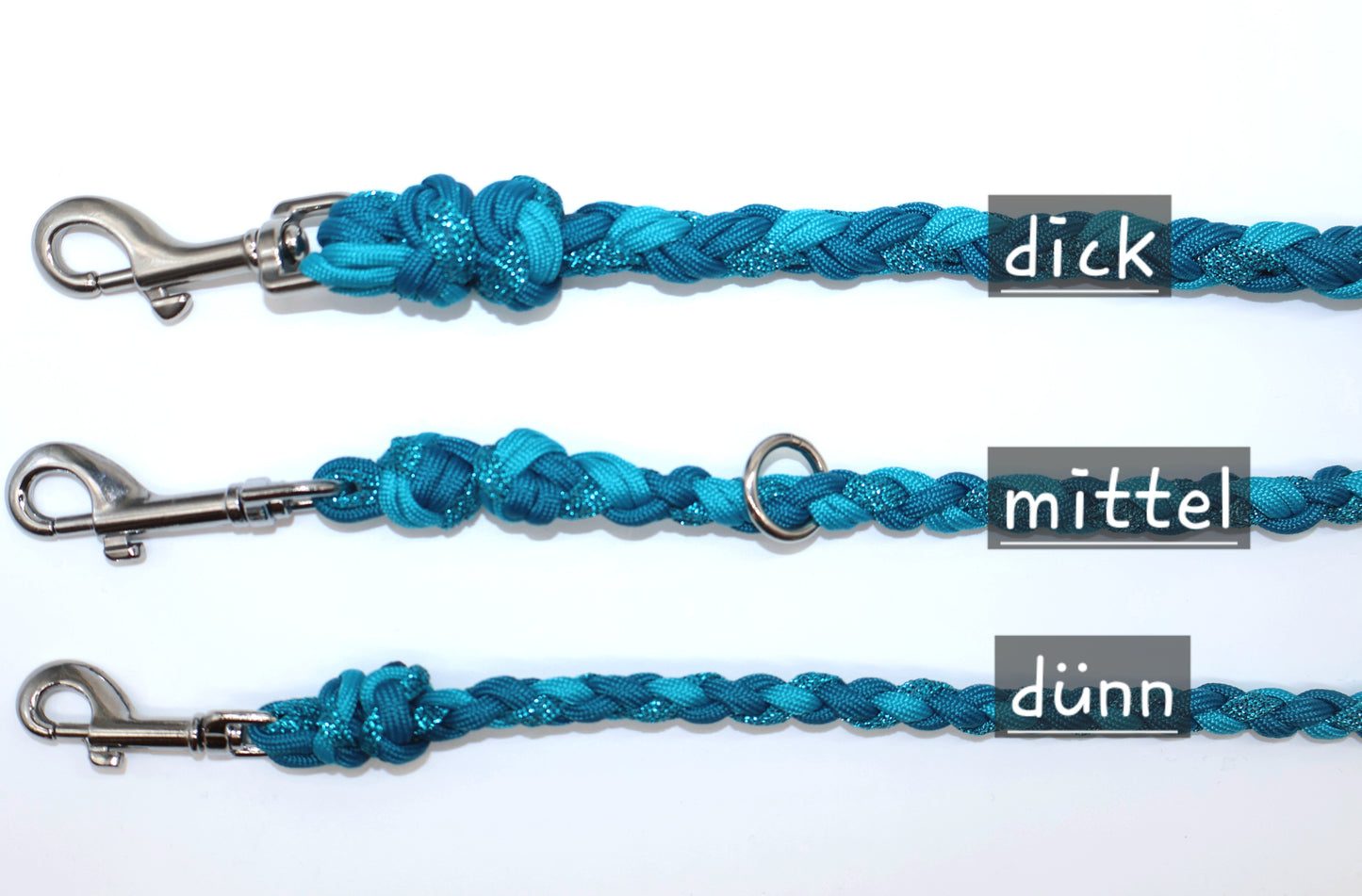 Handgeflochtene Paracord Leine *Karibikblau & Petrol Glitzer & Neon Türkis*