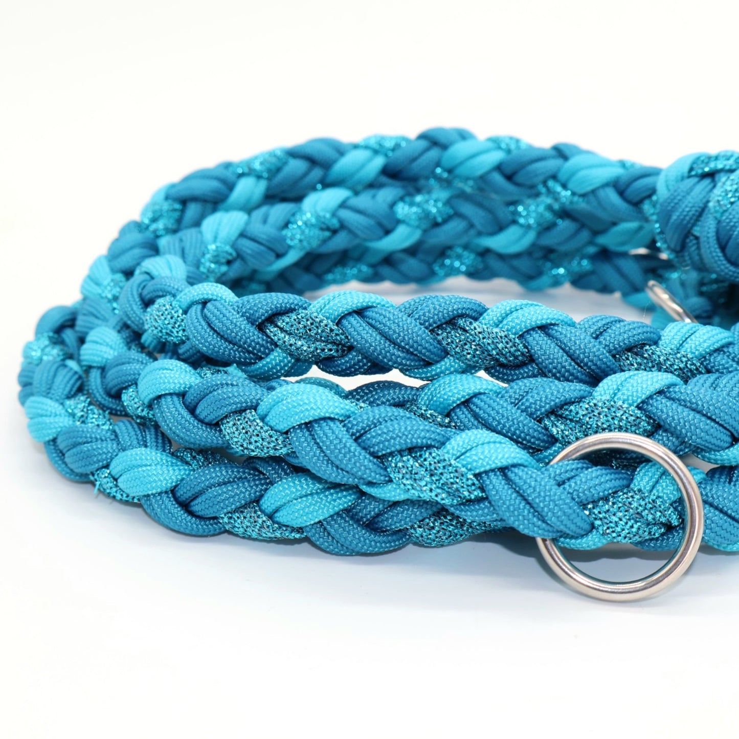 Handgeflochtene Paracord Leine *Karibikblau & Petrol Glitzer & Neon Türkis*