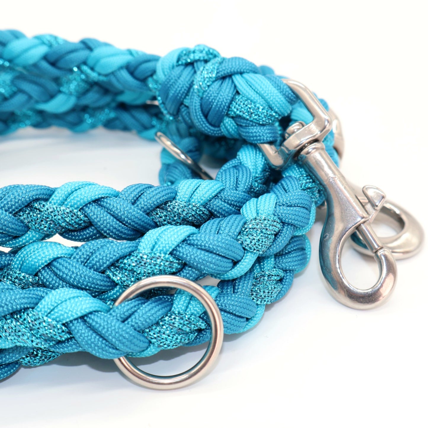 Handgeflochtene Paracord Leine *Karibikblau & Petrol Glitzer & Neon Türkis*