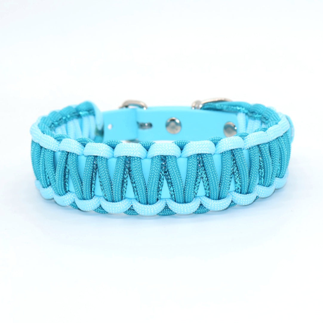 Halsband Biothane & Paracord *Pastell blau & Neon Türkis & Petrol Glitzer*