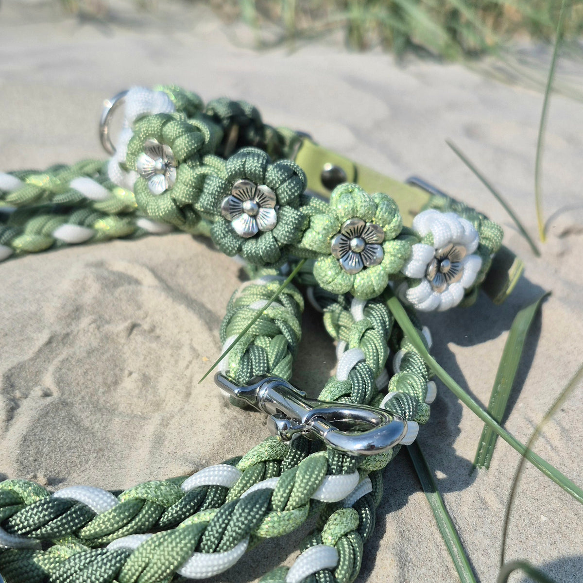 Blumen Halsband *Guacamole Glitzer & Foggy grün & Creme|Weiß*