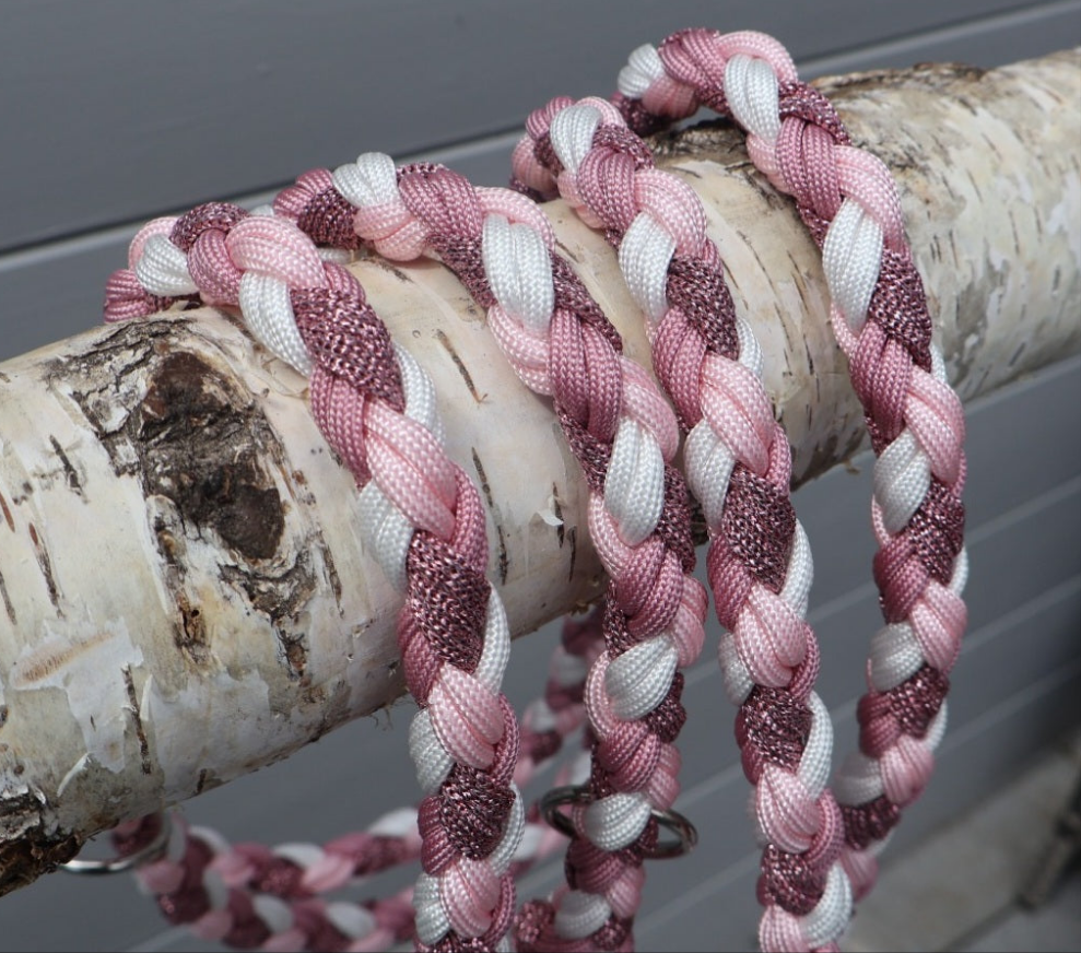 Handgeflochtene Paracord Leine *Rouge & Altrosa & Rosa-Glitzer & Weiß*