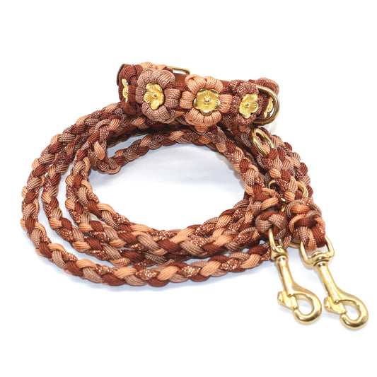 24-28cm kleines Blumen Halsband und 2,2m dünne Paracord Leine *Hellbraun*