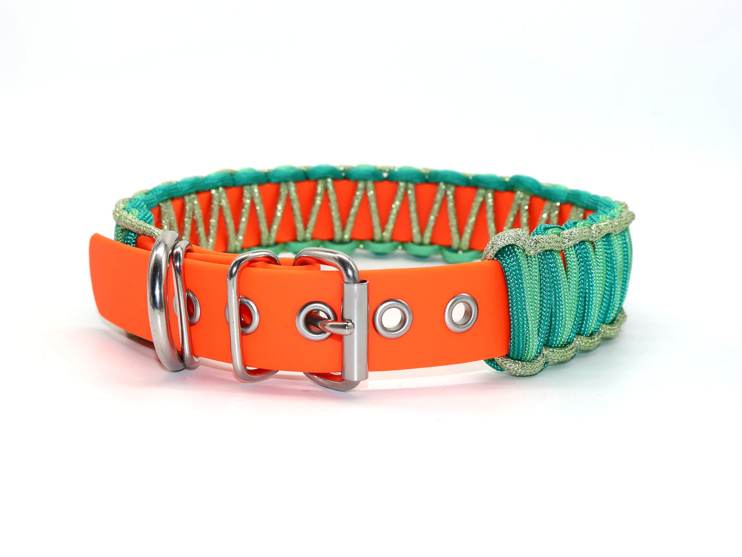 Halsband Biothane & Paracord *Neon Orange & Grün Türkis Glitzer*
