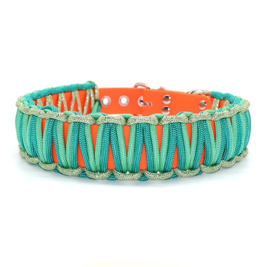Halsband Biothane & Paracord *Neon Orange & Grün Türkis Glitzer*