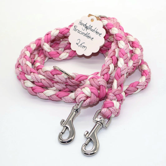 2.5m - Handgeflochtene Paracord Leine für Hunde bis 20kg *Bubble Gum & Weiß*