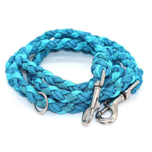 Handgeflochtene Paracord Leine *Karibikblau & Petrol Glitzer & Neon Türkis*