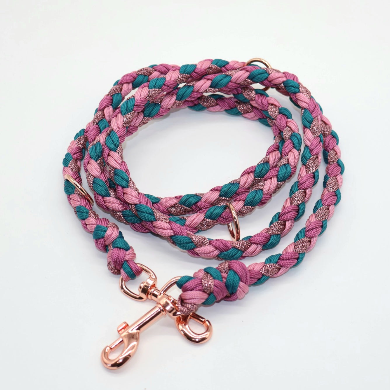 Handgeflochtene Paracord Leine *Wildbeere & Rosa Glitzer & Petrol*