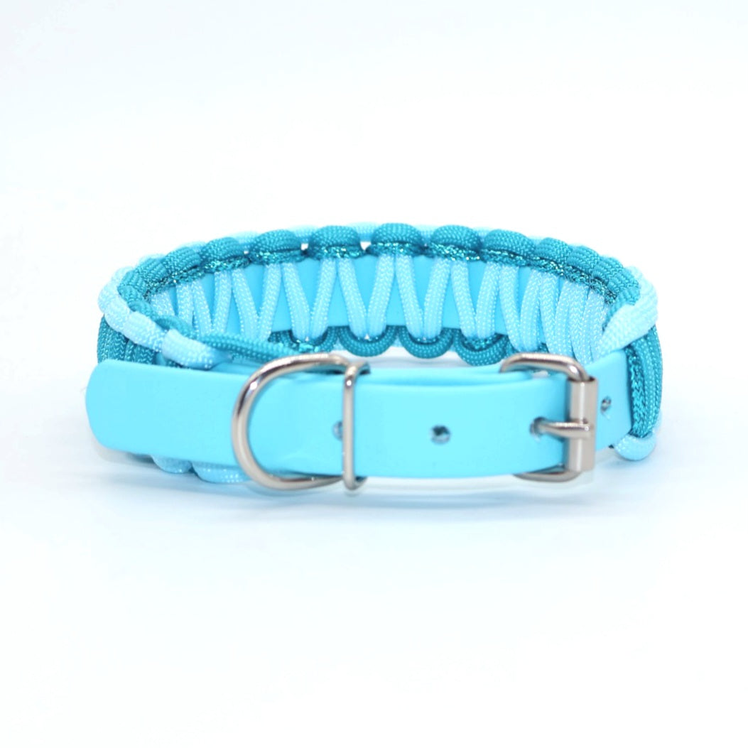 Halsband Biothane & Paracord *Pastell blau & Neon Türkis & Petrol Glitzer*