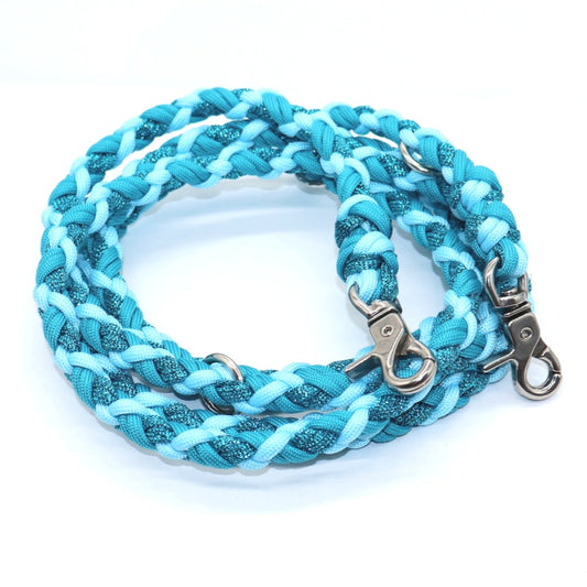 Handgeflochtene Paracord Leine *Pastellblau & Petrol Glitzer & Neon Türkis*