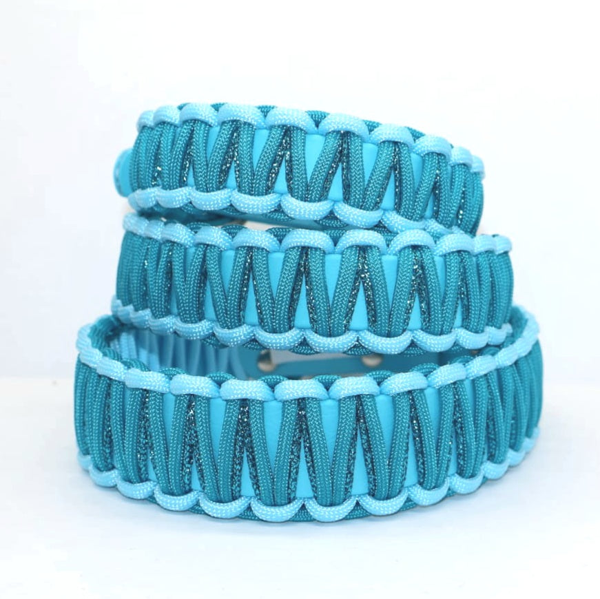 Halsband Biothane & Paracord *Pastell blau & Neon Türkis & Petrol Glitzer*