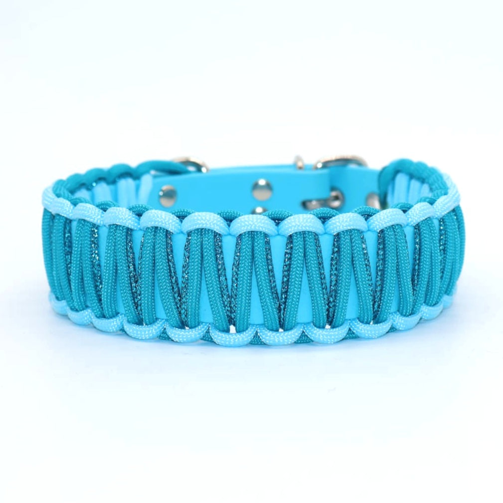 Halsband Biothane & Paracord *Pastell blau & Neon Türkis & Petrol Glitzer*