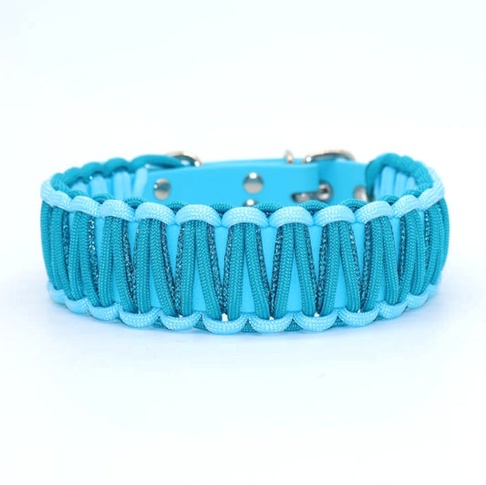 Halsband Biothane & Paracord *Pastell blau & Neon Türkis & Petrol Glitzer*