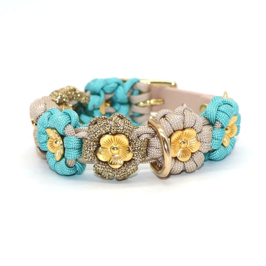 Blumen Halsband *Türkis grün & Cafe Late & Gold Glitzer*
