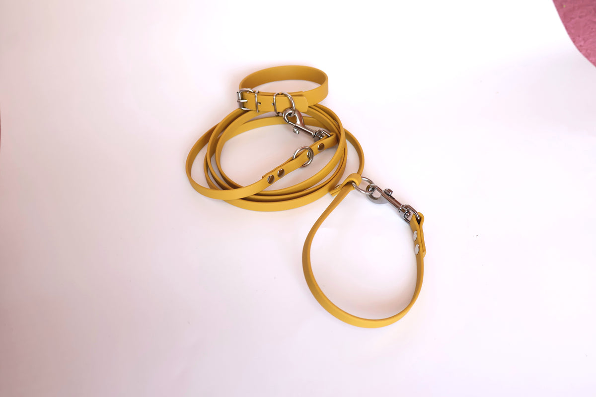 22-26cm Biothane Halsband und dünne 2,0m Biothane Leine *Ocher-/Senfgelb*