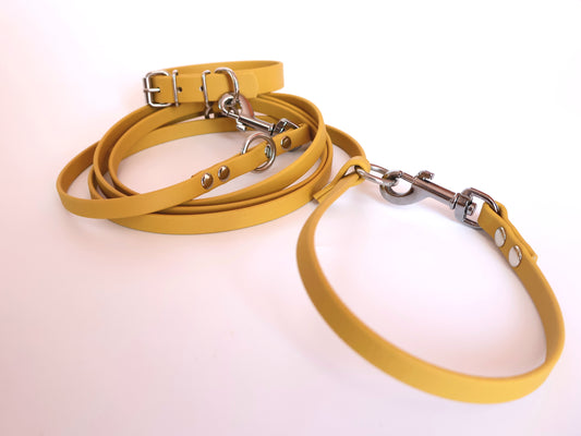 22-26cm Biothane Halsband und dünne 2,0m Biothane Leine *Ocher-/Senfgelb*