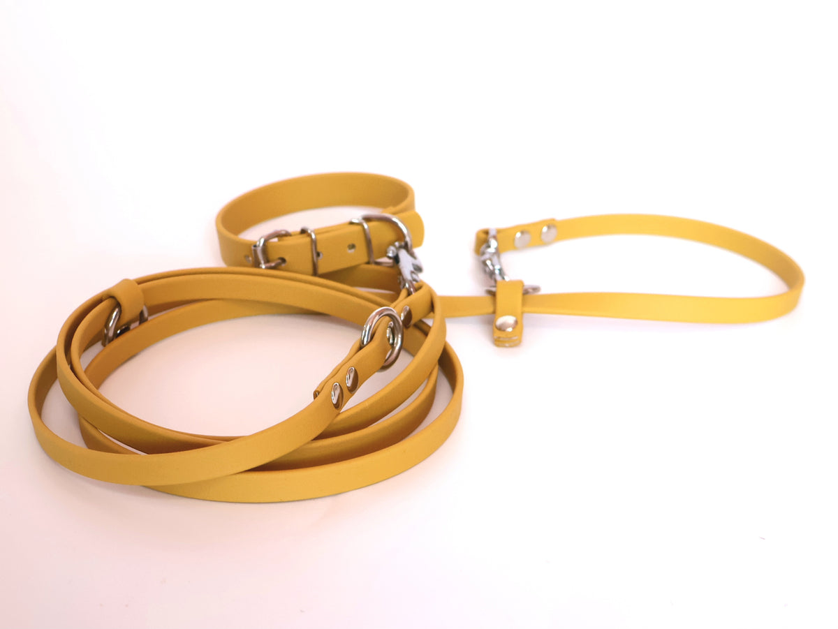 22-26cm Biothane Halsband und dünne 2,0m Biothane Leine *Ocher-/Senfgelb*