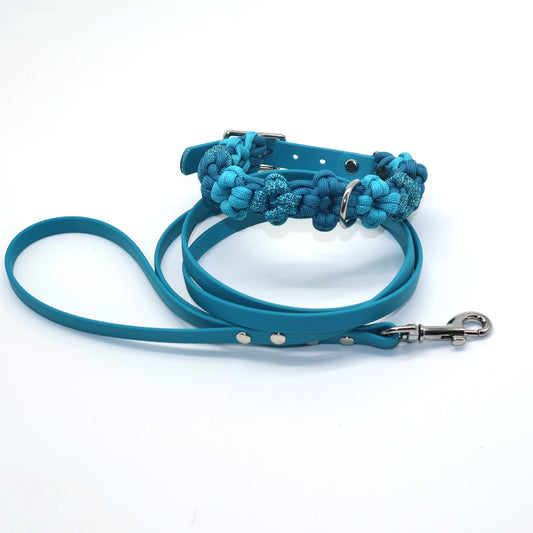 25-29cm Mini Blumen Halsband und dünne 1,3m Biothane Leine *Lagune Glitzer*