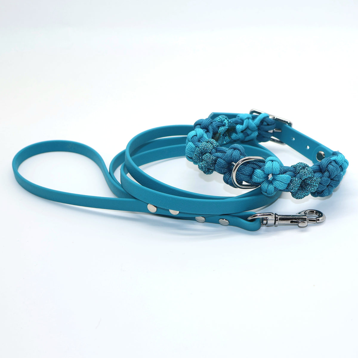25-29cm Mini Blumen Halsband und dünne 1,3m Biothane Leine *Lagune Glitzer*