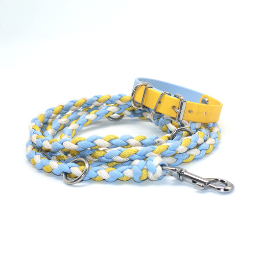 22-26cm Biothane Halsband und dünne 1,6m Paracord Leine *Polarblau & Gelb* - B-Ware