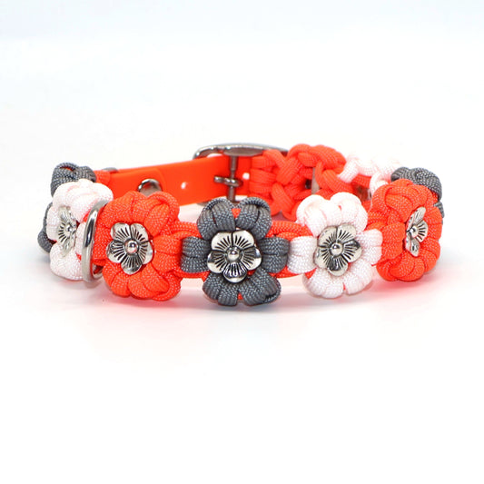 Blumen Halsband *Neon Orange & Grau & Weiß*