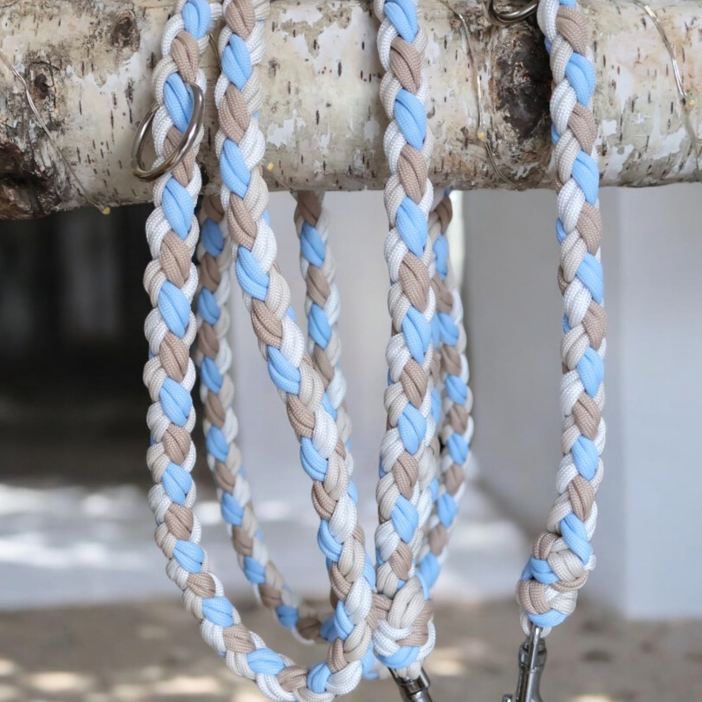 Handgeflochtene Paracord Leine *Polarblau & Mocca & Creme & Weiß*