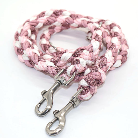 Handgeflochtene Paracord Leine *Rouge & Altrosa & Rosa-Glitzer & Weiß*
