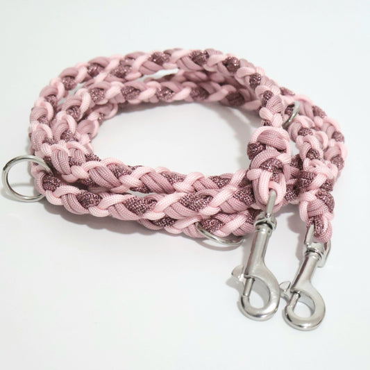 Handgeflochtene Paracord Leine *Rouge & Altrosa & Rosa-Glitzer*