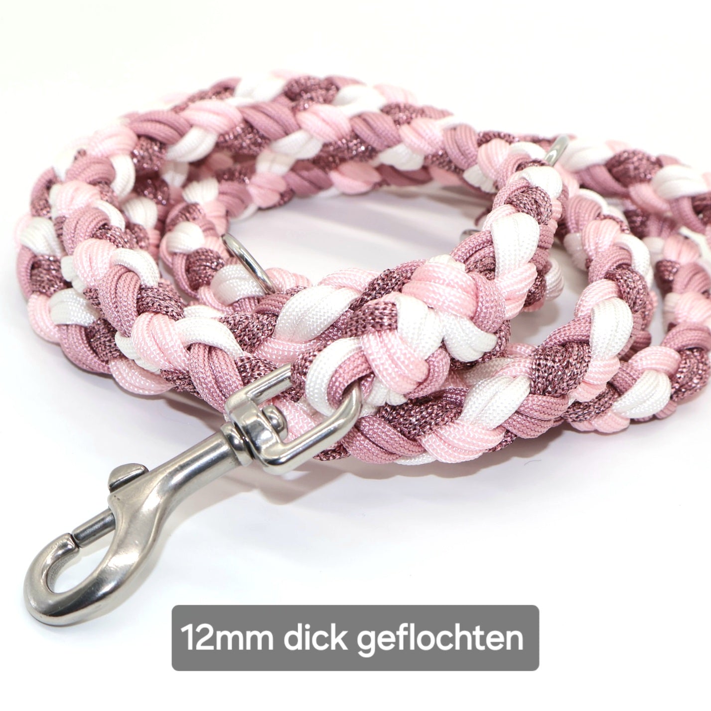 Handgeflochtene Paracord Leine *Rouge & Altrosa & Rosa-Glitzer & Weiß*